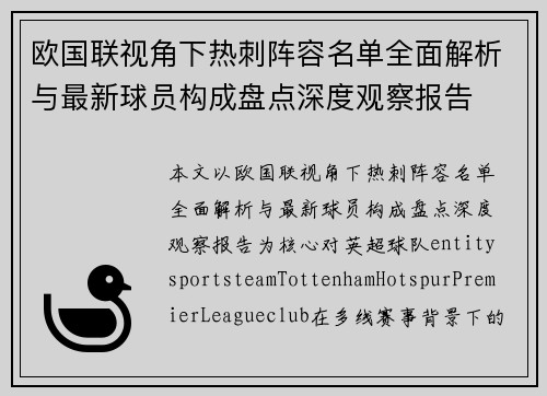 欧国联视角下热刺阵容名单全面解析与最新球员构成盘点深度观察报告 欧国联视角下热刺阵容名单全面解析与最新球员构成盘点深度观察报告